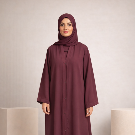Elastic Open Front Abaya - Maroon