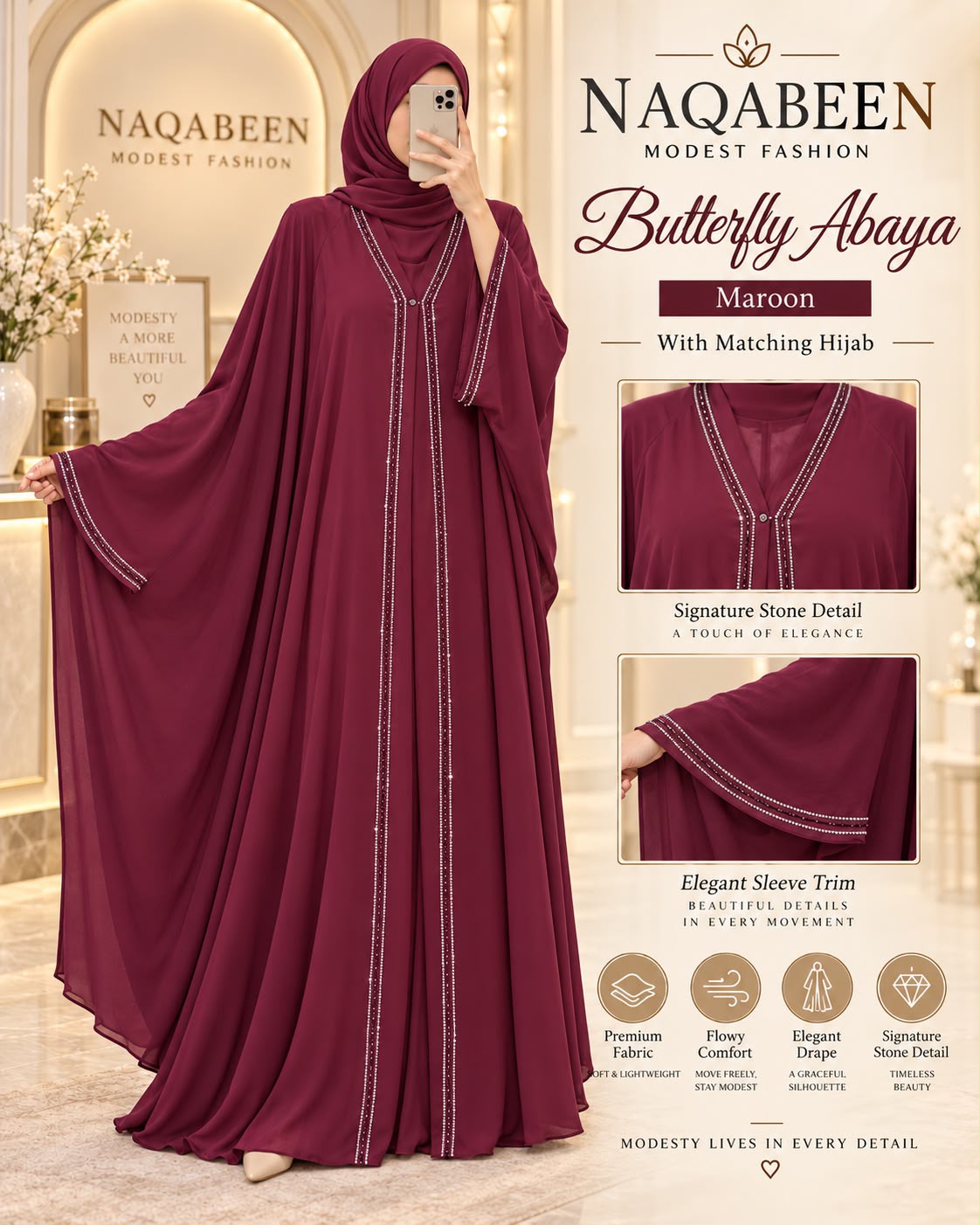 Butterfly Abaya - Maroon