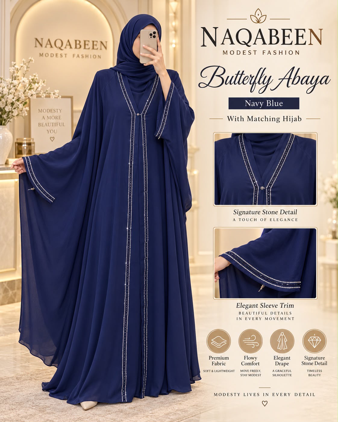 Butterfly Abaya - Navy Blue