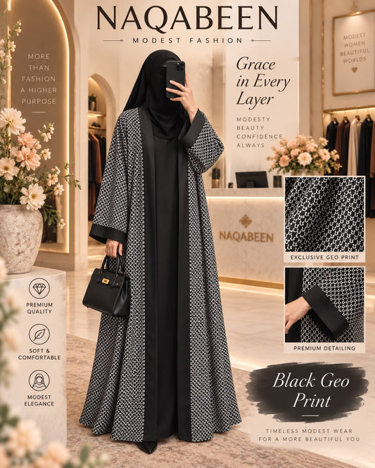 Coat Abaya Geo Print - Black