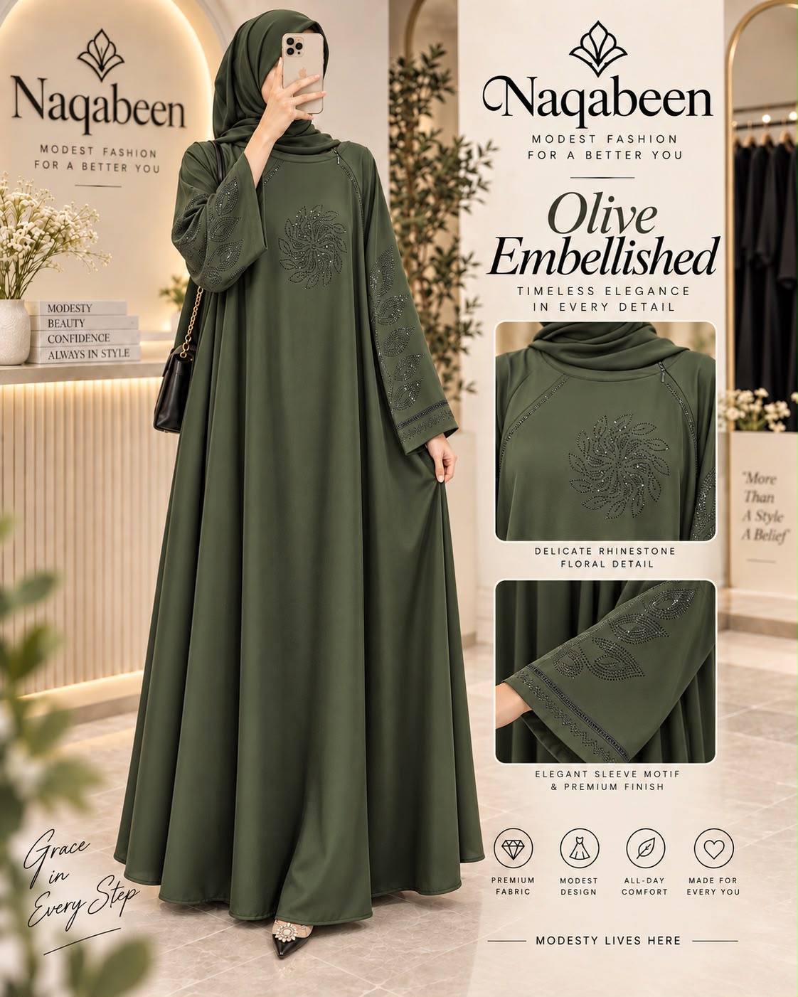 Embroidery Abaya - Olive