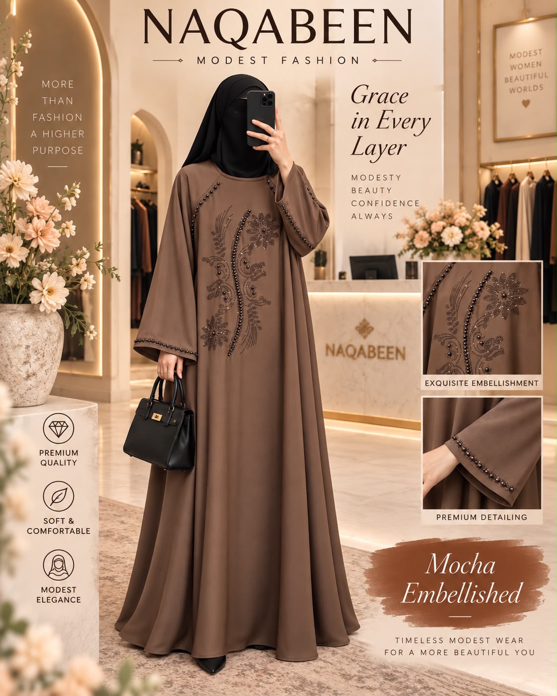 Embroidery Abaya - Mocha Brown