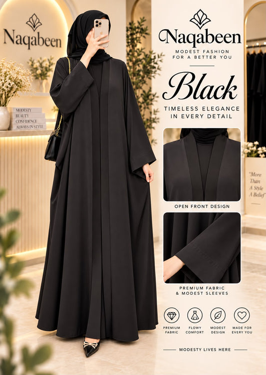 A woman modeling a black modest abaya with a matching hijab in a boutique setting, alongside product text and detail panels on the right. The abaya has a straight, floor-length silhouette with wide sleeves and an open front.