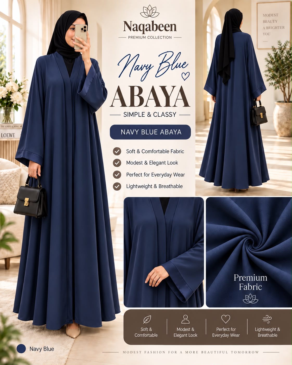 Hidden Button Abaya - Navy Blue