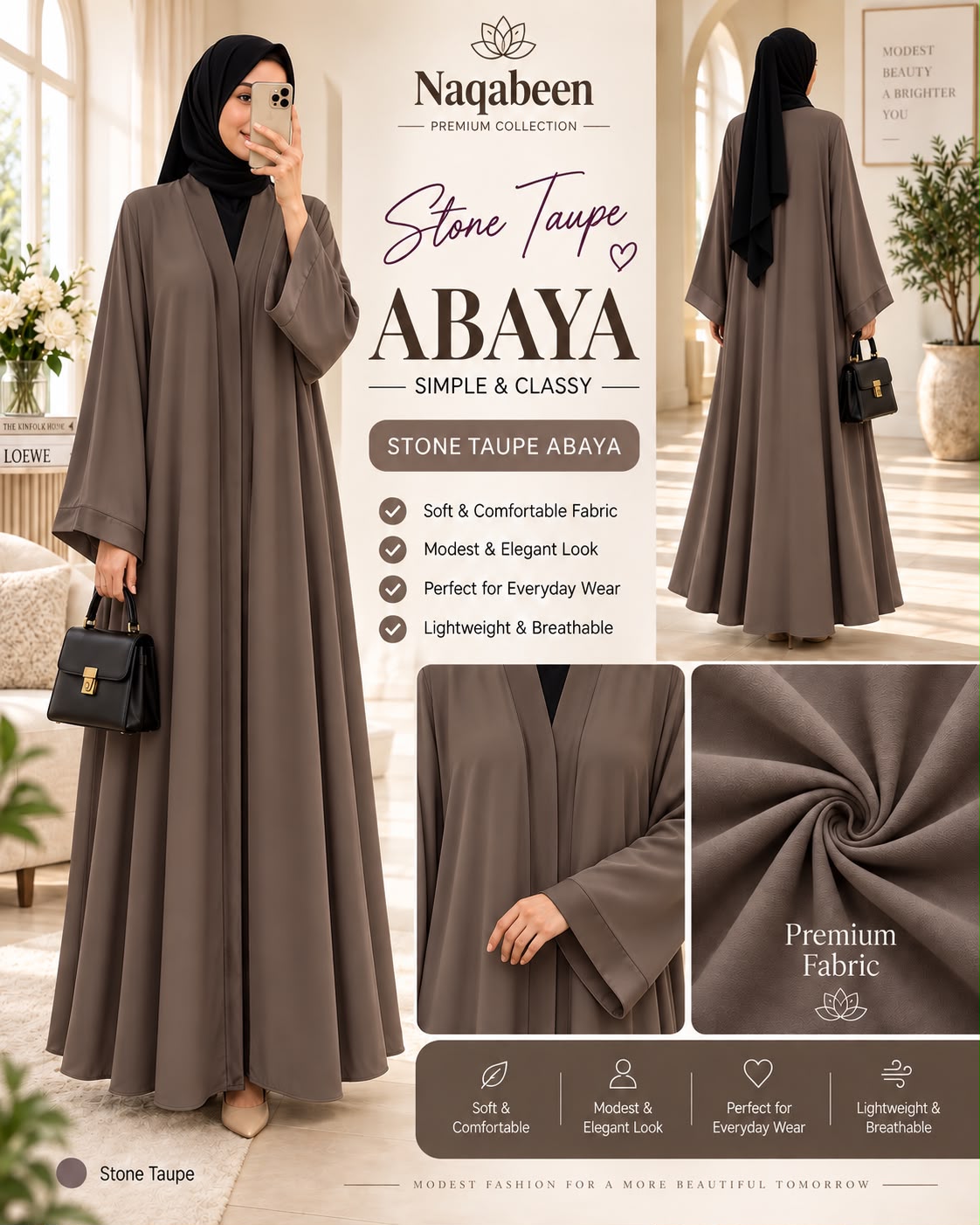 Hidden Button Abaya - Stone Taupe