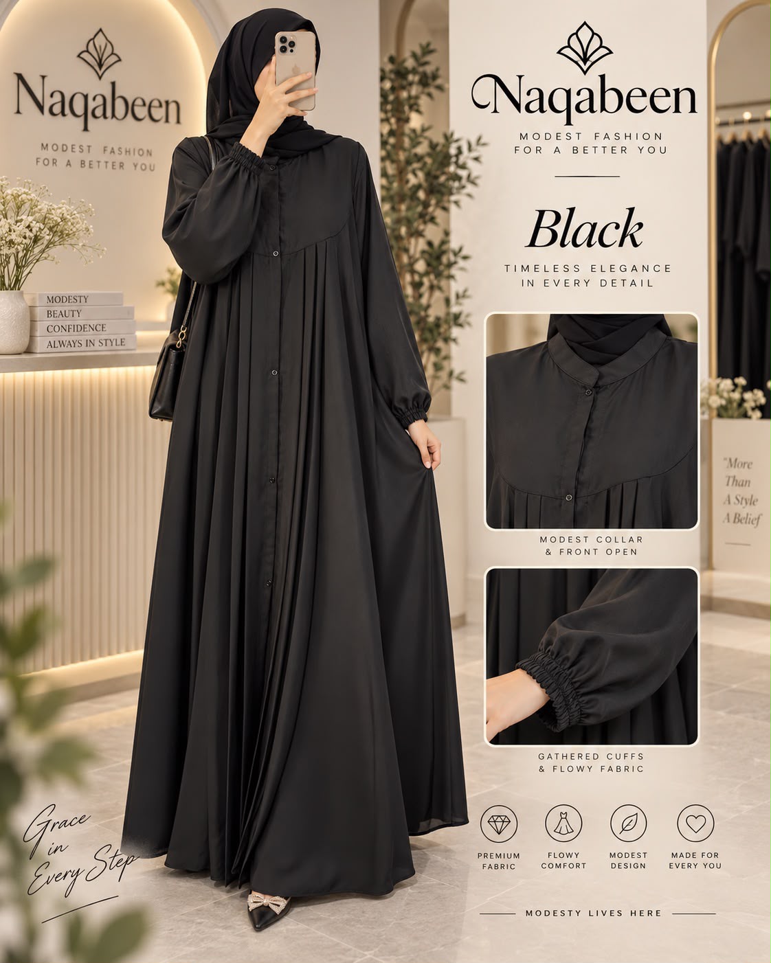 Open Front Abaya - Black