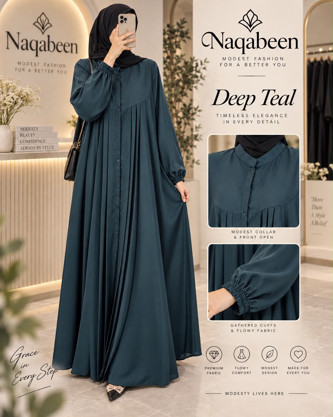 Open Front Abaya - Deep Teel