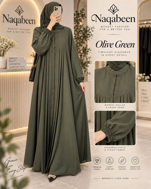 Open Front Abaya - Olive Green