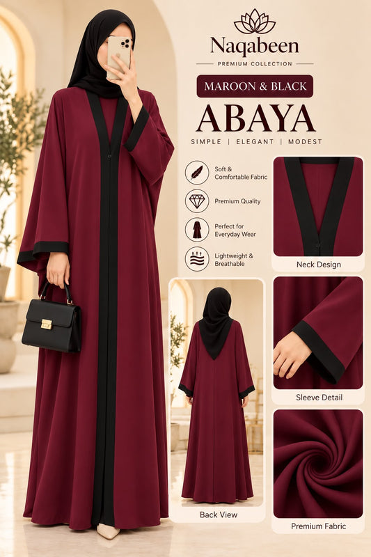 Plain Abaya - Maroon & Black