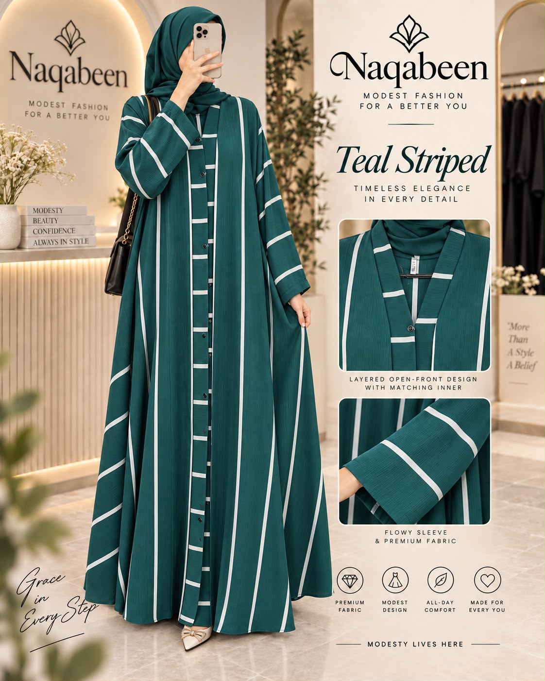 Stripped Abaya - Teal Green