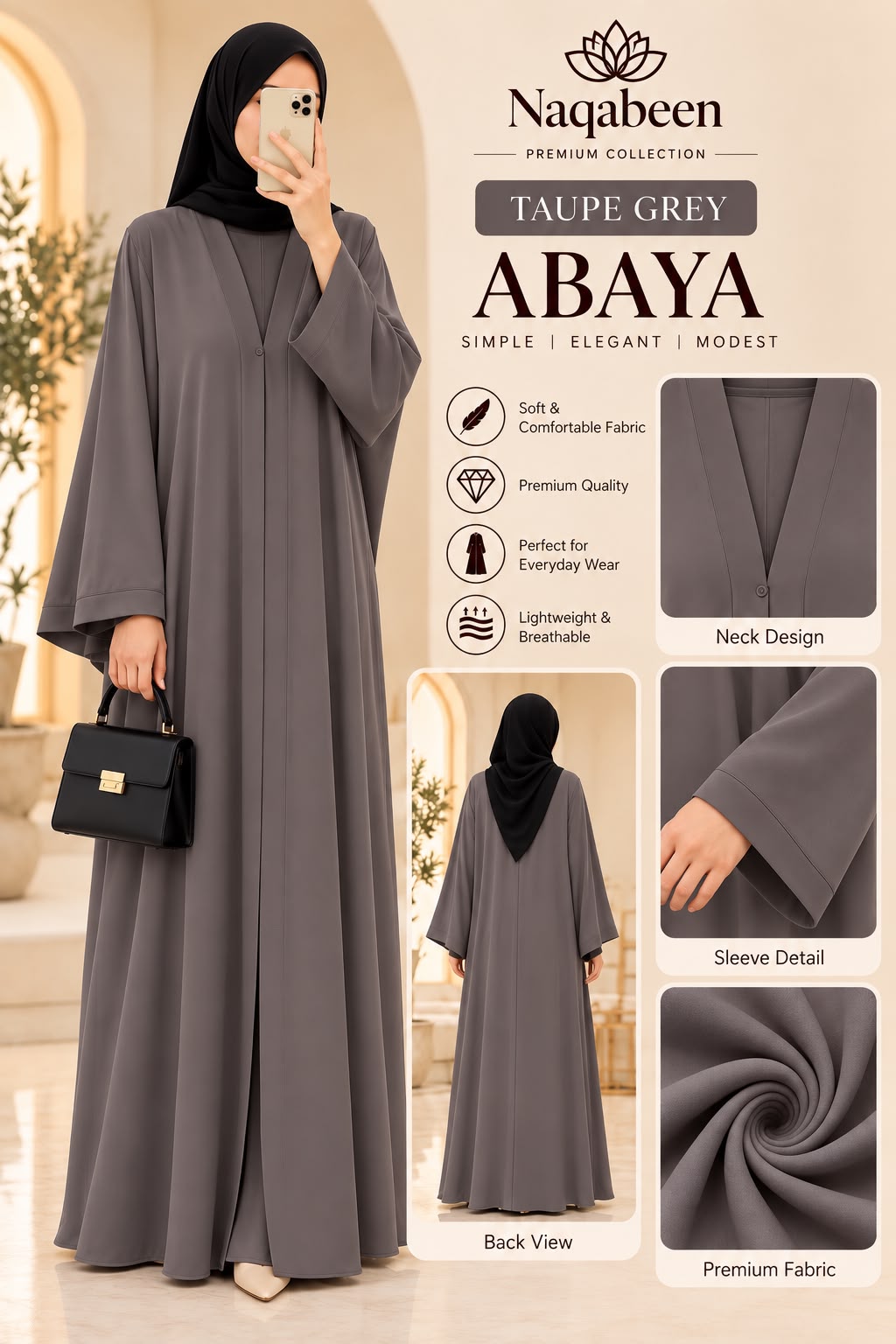 Plain Abaya - Taupe Grey