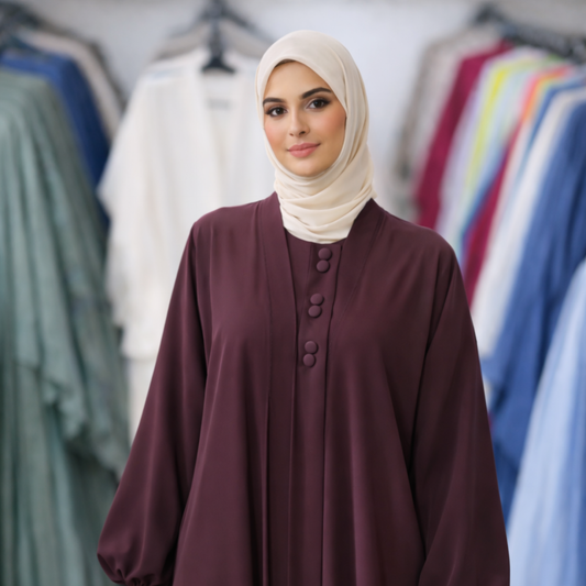 Front Button Abaya - Dark Plum