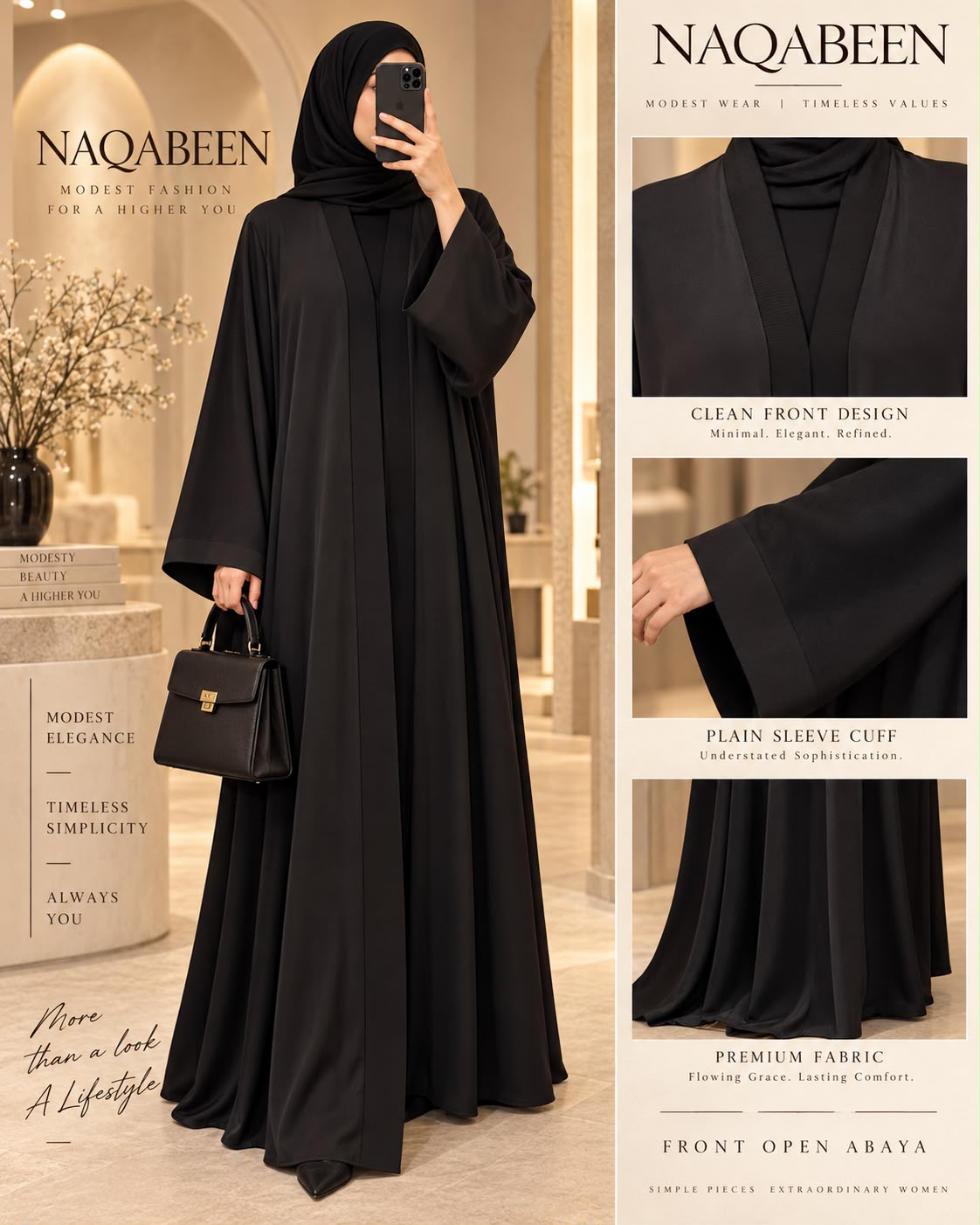 Front Open Style |  Plain Black Abaya