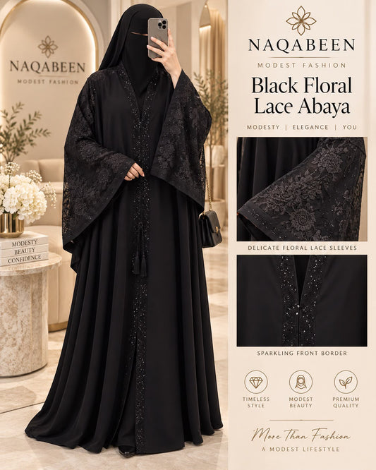 Floral Lace Abaya - Black