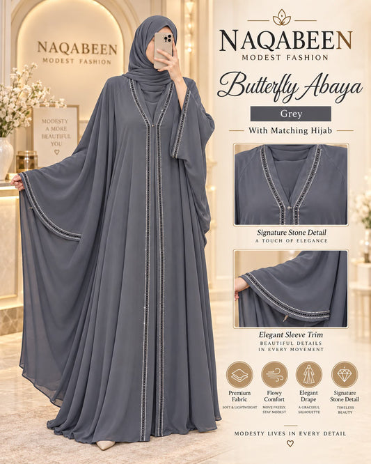 Butterfly Abaya - Grey