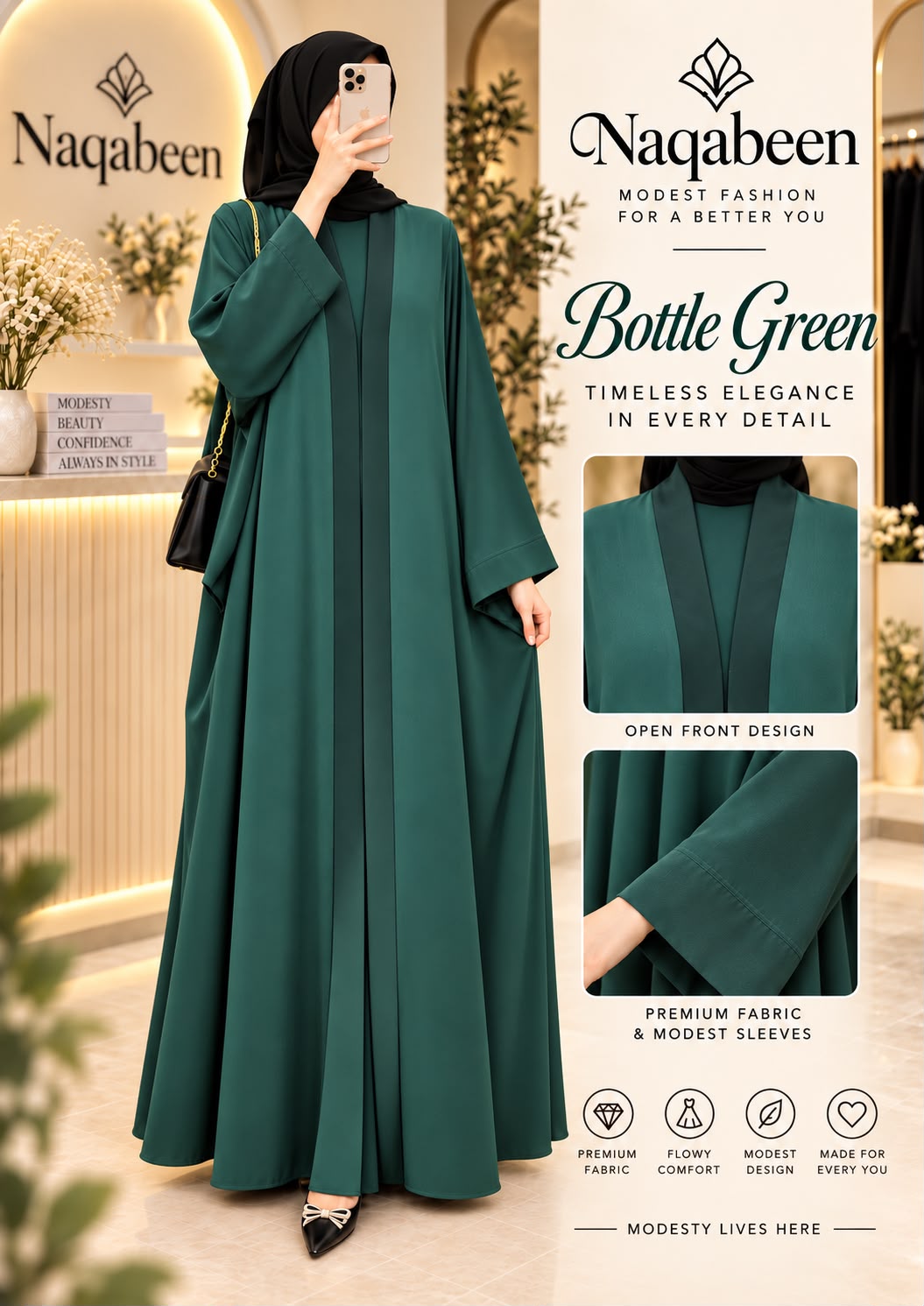 A woman modeling a long, floor-length green abaya with wide sleeves and an open front, standing indoors while taking a mirror selfie. The image includes branding text for Naqabeen, product feature callouts, fabric icons, and inset close-up views of the garment.