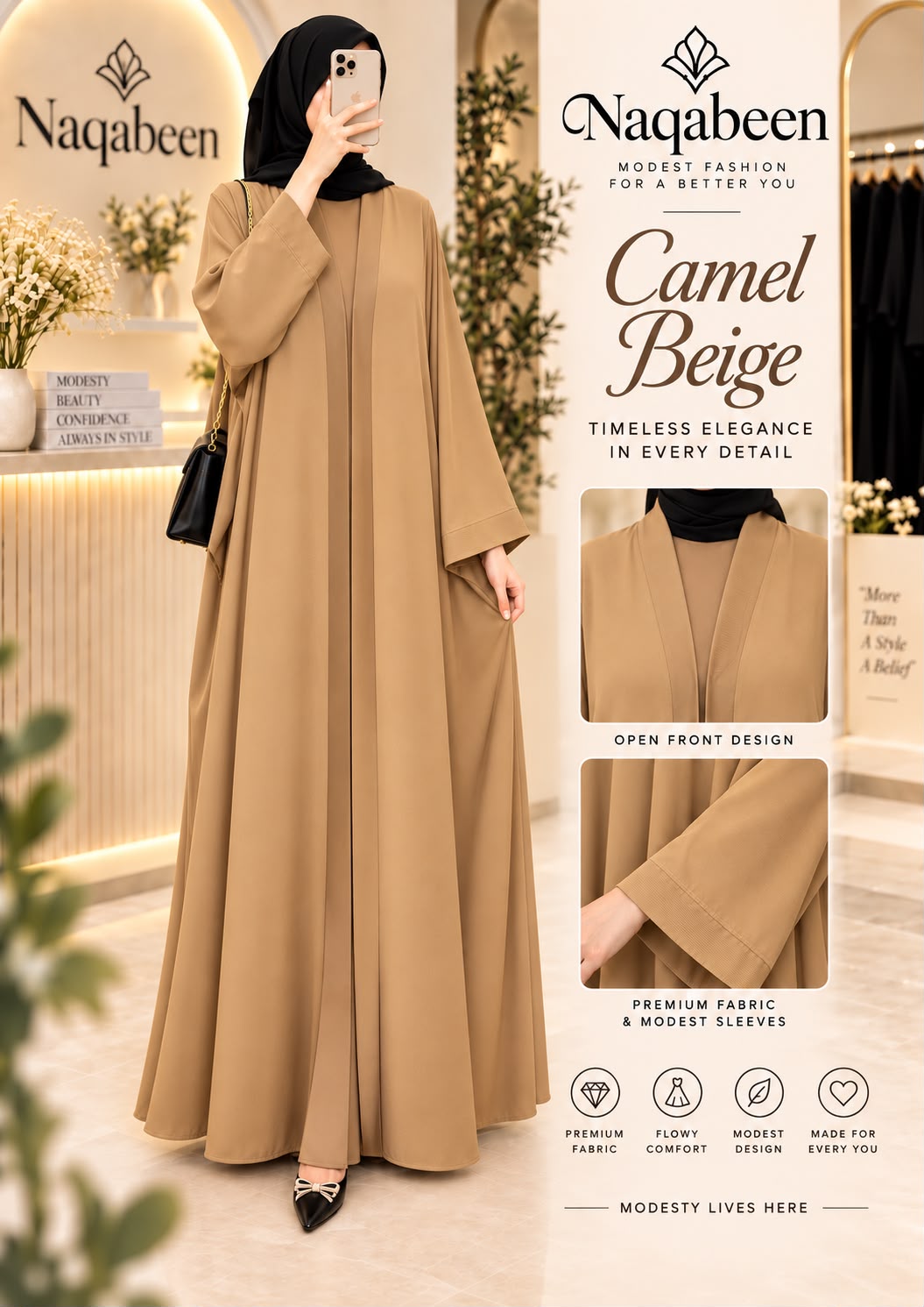 A woman modeling a camel beige modest long-sleeve abaya dress in a boutique setting, with brand text and product feature callouts on the right side of the image.