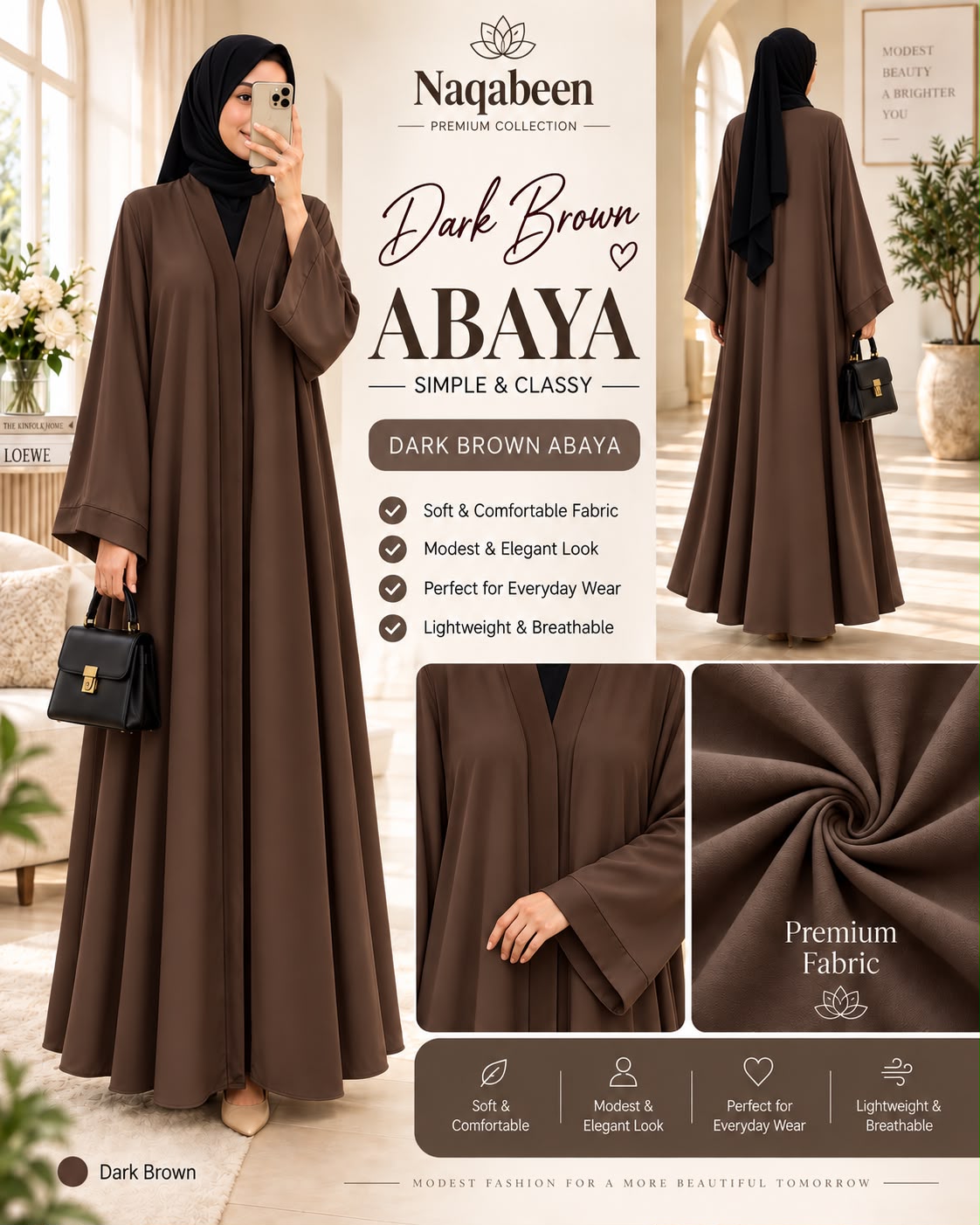 Hidden  Button Abaya - Dark Brown 