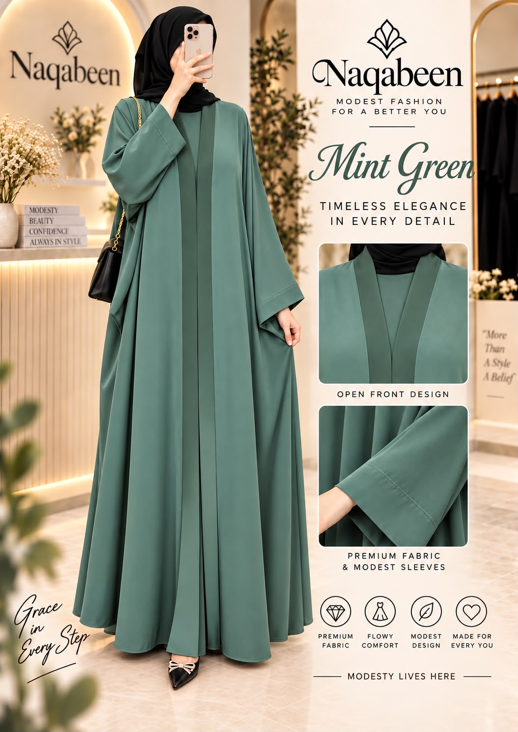 A woman modeling a long mint green abaya dress in a boutique setting, with Naqabeen branding and product feature callouts overlaid on the image.