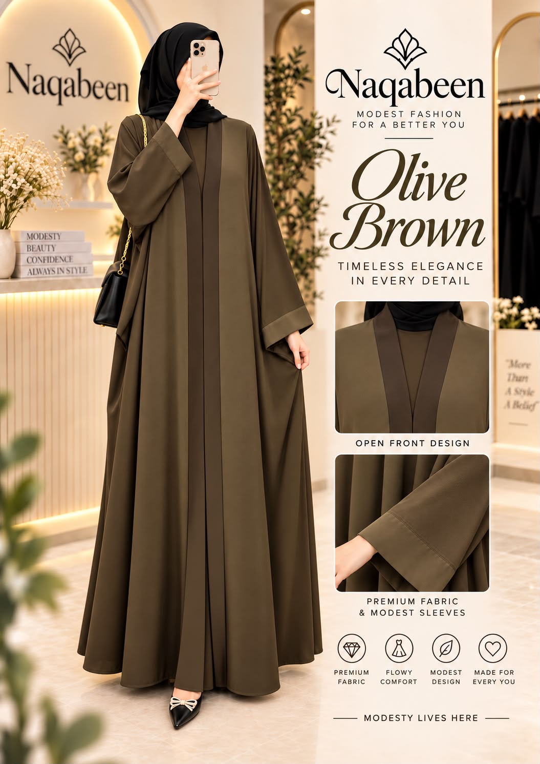 A woman modeling a long olive brown abaya with a black hijab in a boutique setting, alongside text panels showing the product name 'Olive Brown' and close-up detail views of the garment. The brand name 'Naqabeen' is prominently displayed.