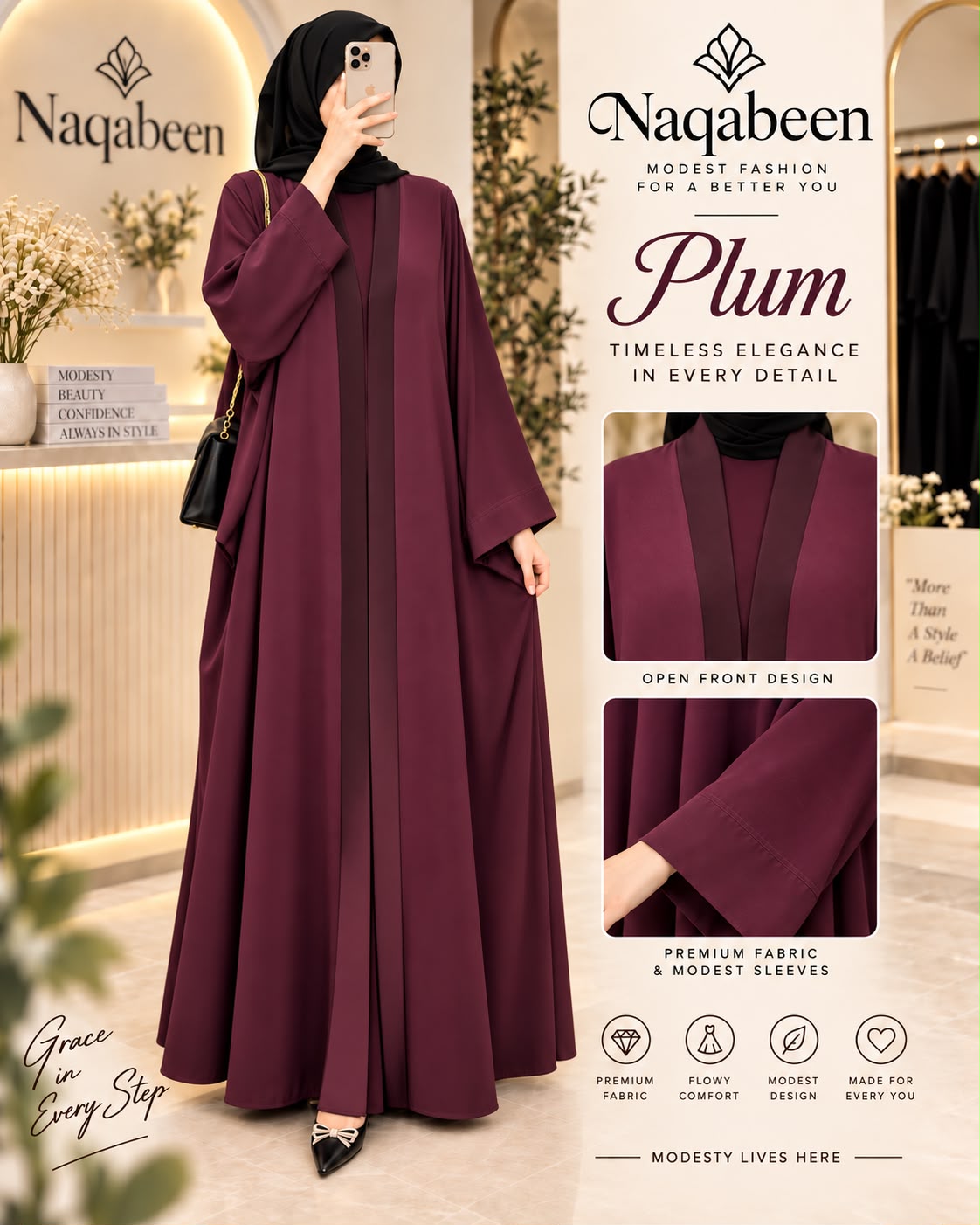 A woman wearing a plum-colored abaya with a matching headscarf and black shoes, standing in a boutique setting. The image includes promotional text and inset close-up views of the abaya's open front and sleeve details, with the brand name Naqabeen prominently displayed.