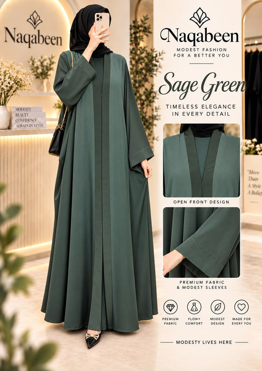 A woman modeling a sage green modest long abaya with a high neck and open front, shown in a boutique setting with brand text and product feature callouts on the right side of the image.
