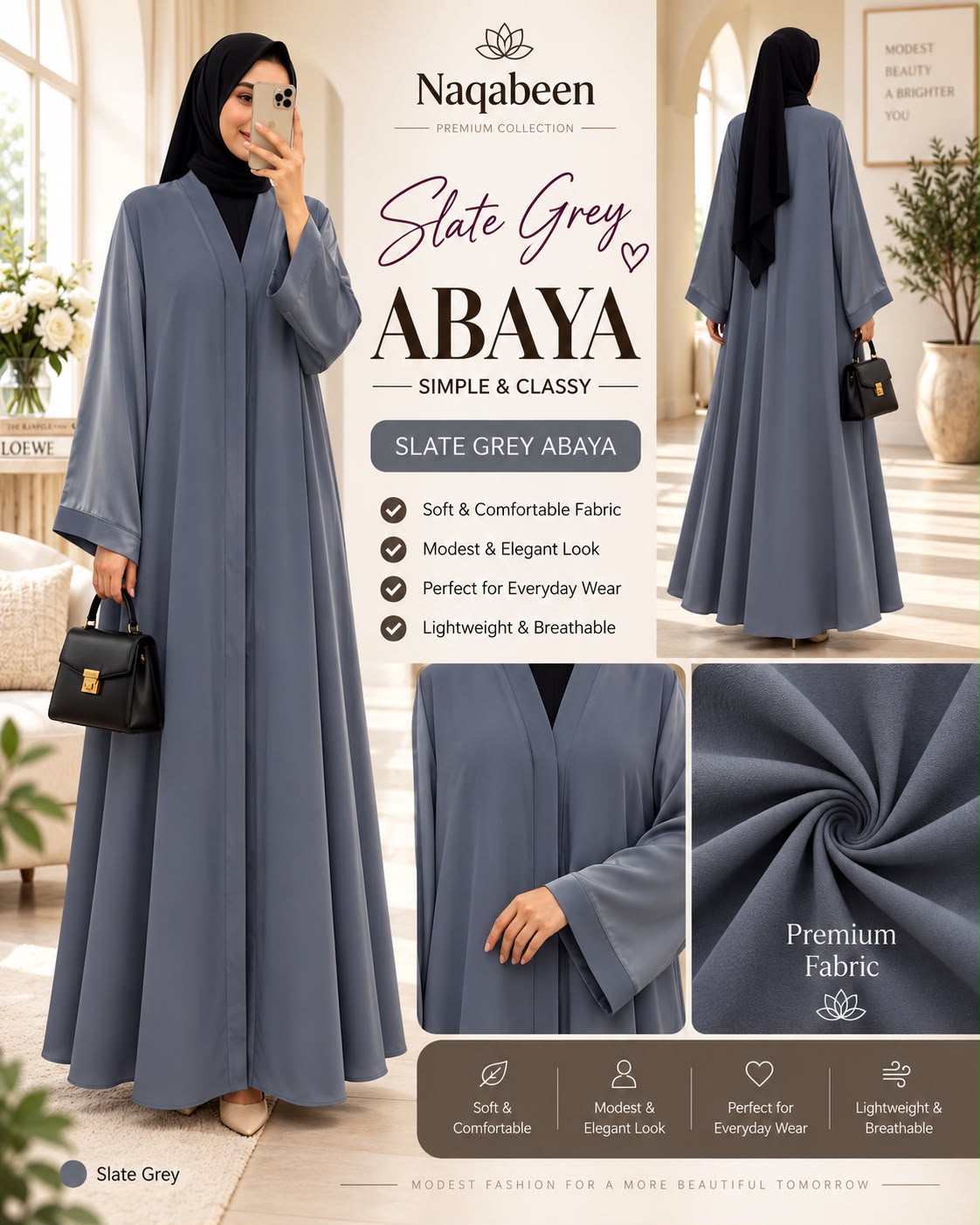 Hidden Button Abaya - Slate Grey Abaya