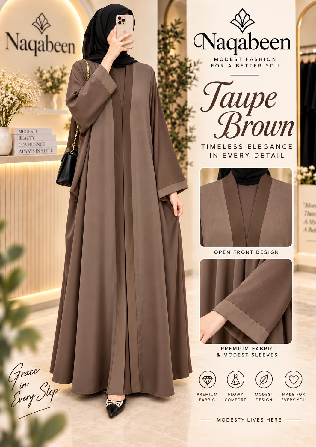 A woman modeling a taupe brown modest long dress with wide sleeves and an open front, shown in a boutique setting. The image includes the brand name Naqabeen, product text 'Tape Brown', and inset detail photos of the garment fabric and front design.