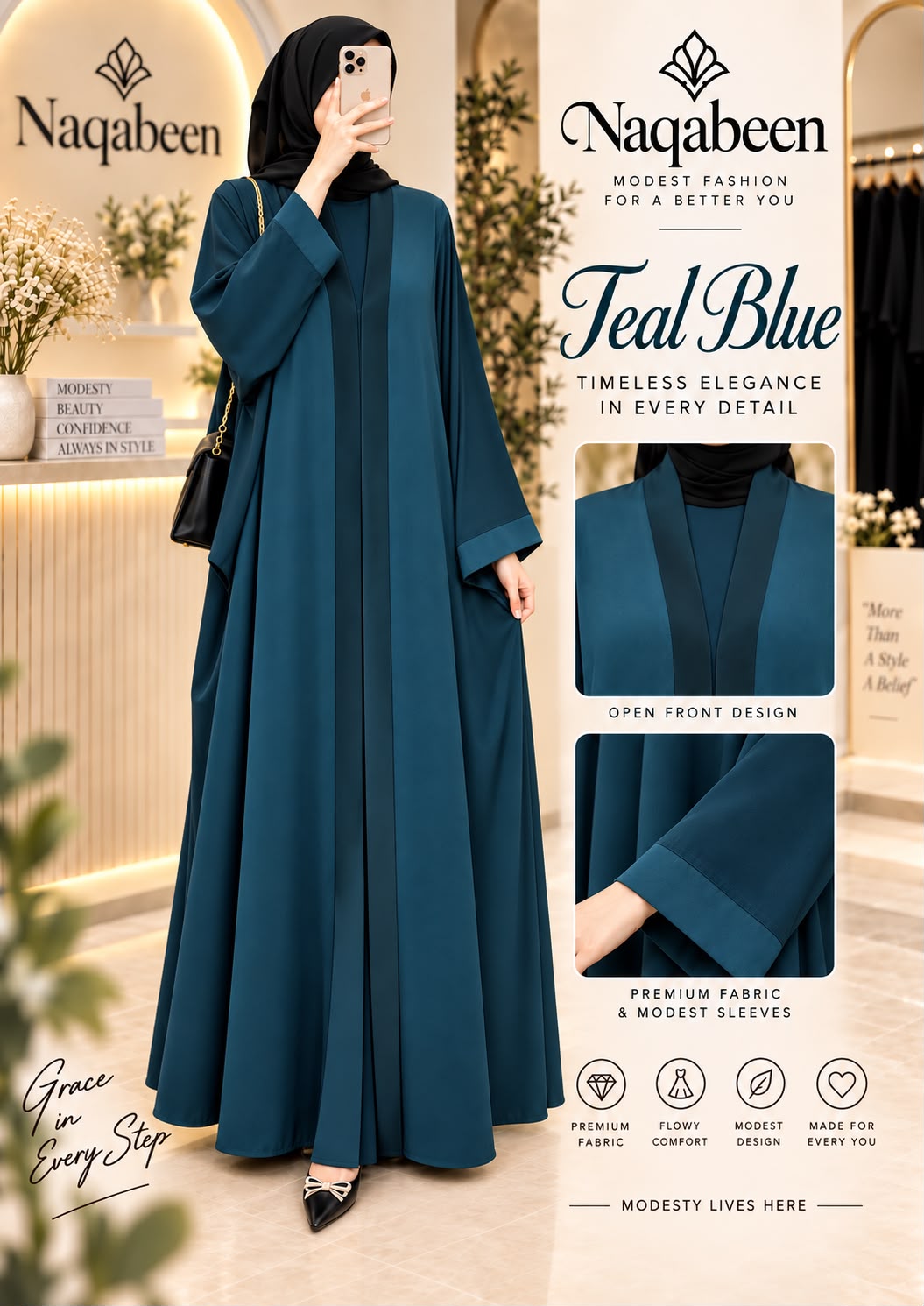 A woman modeling a long teal blue modest abaya dress in a boutique setting, with brand text and product feature callouts on the right side of the image.