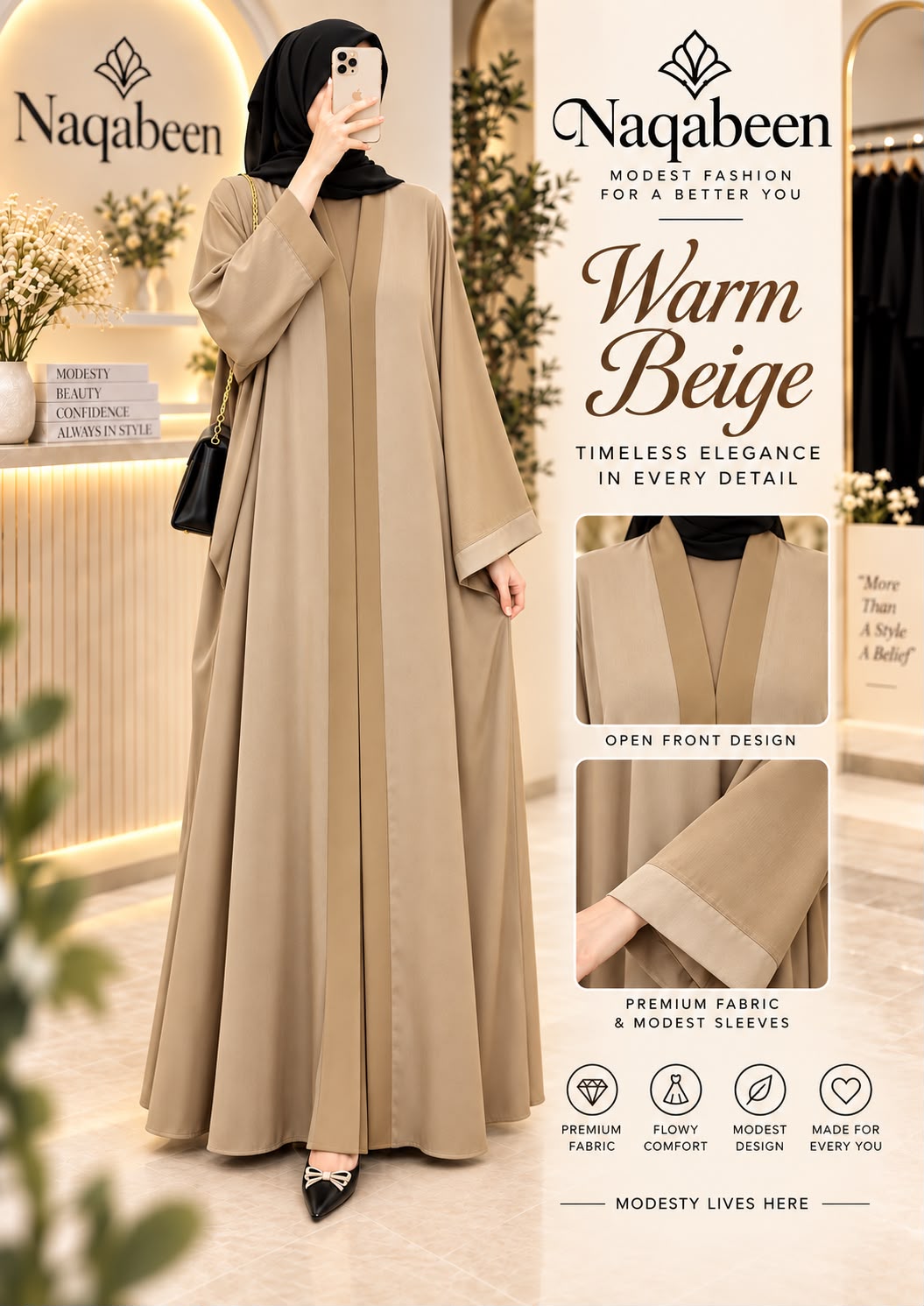 A woman modeling a long, modest abaya in warm beige with a matching hijab, shown in a boutique setting with promotional text and fabric detail insets on the right. The brand name Naqabeen is prominently displayed.
