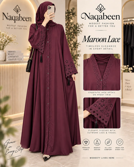 Lace Abaya - Maroon