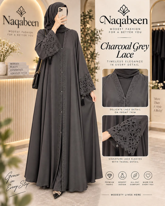 Lace Abaya - Charcoal Grey