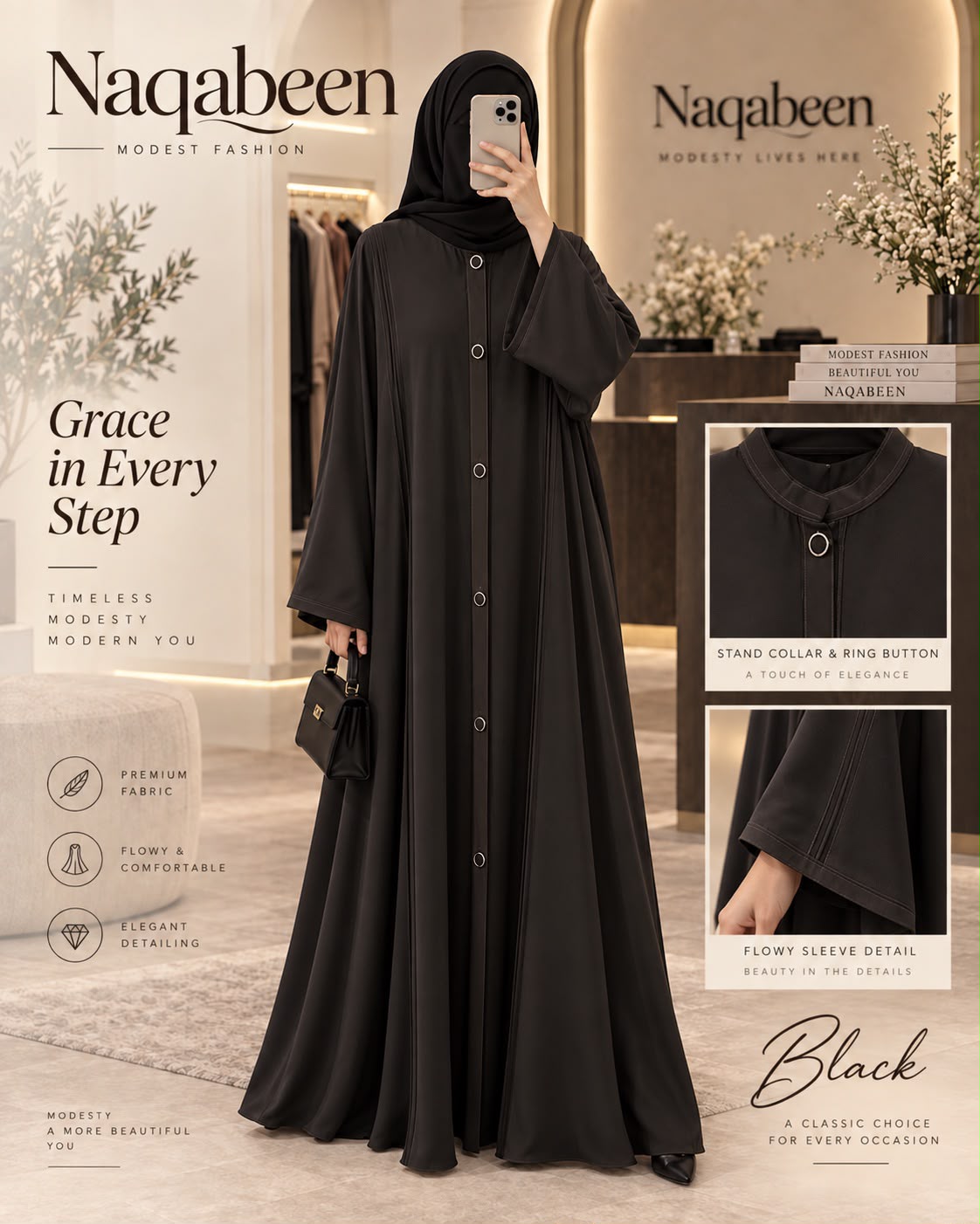 Open Front Abaya - Black