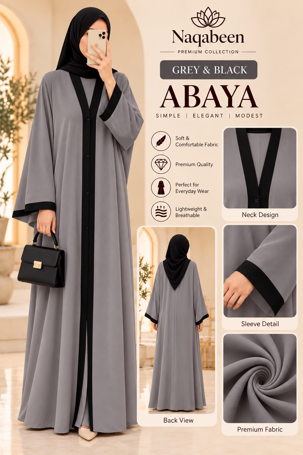Plain Abaya - Grey & Black