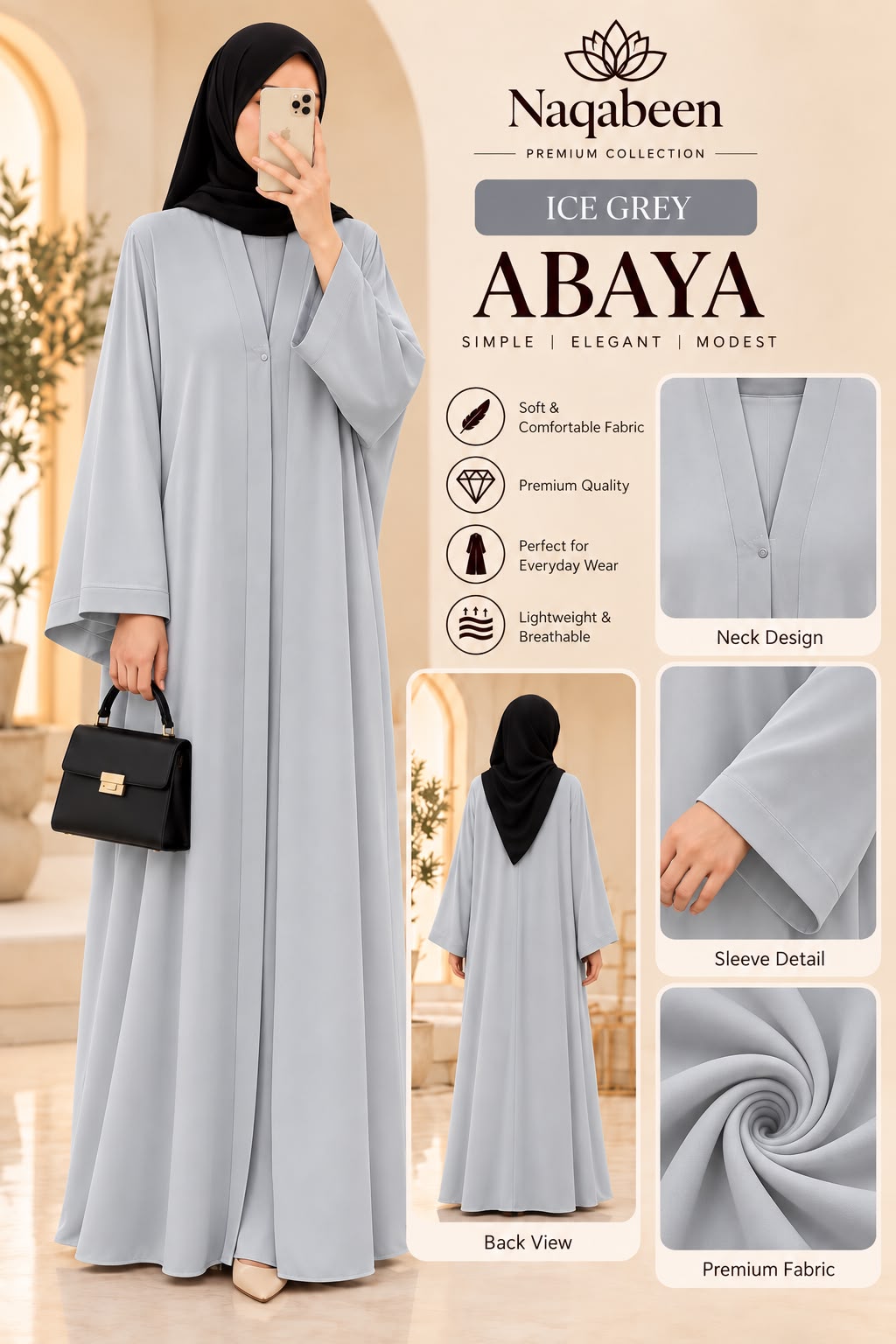 Plain Abaya - Ice Grey 