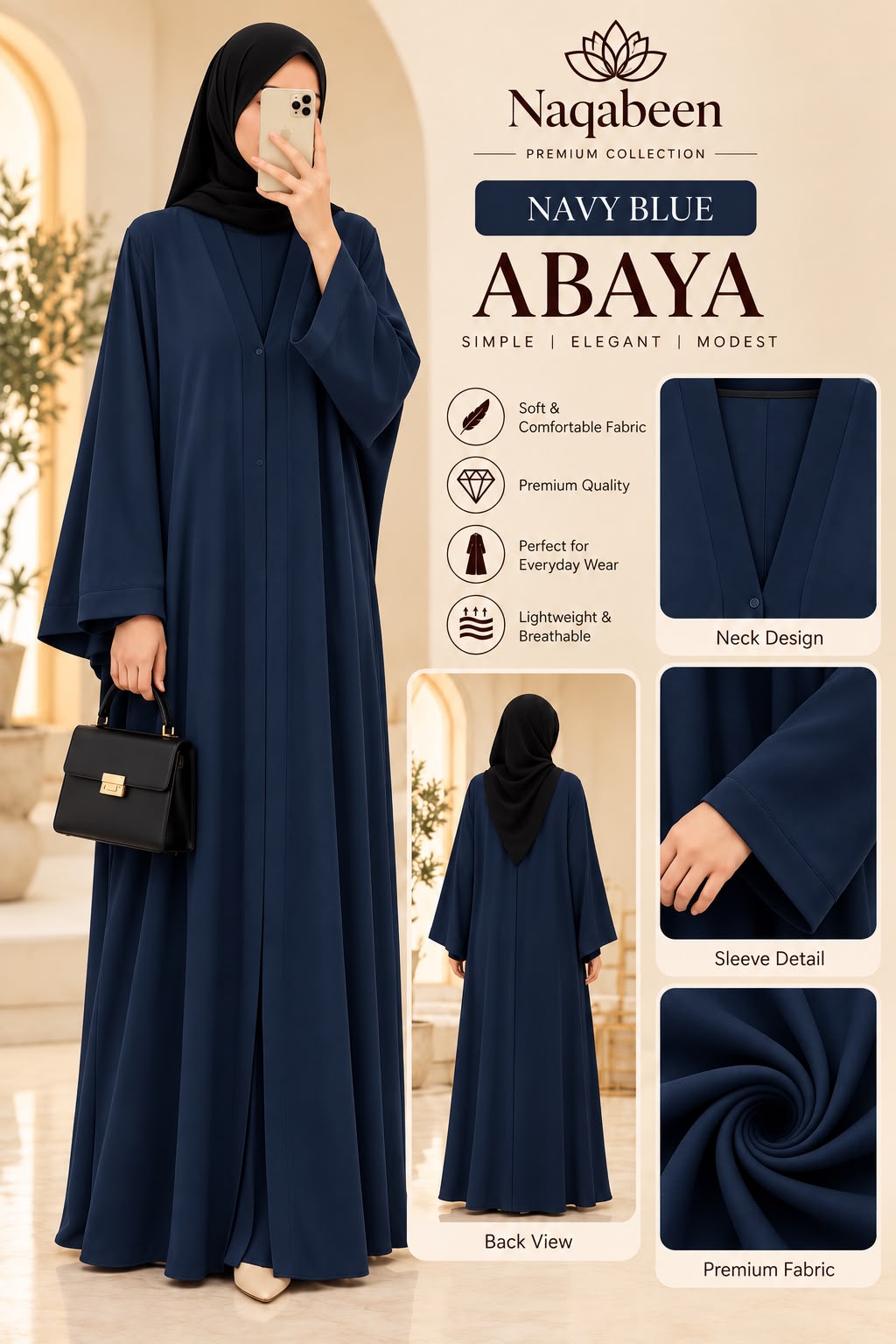 Plain Abaya - Navy Blue