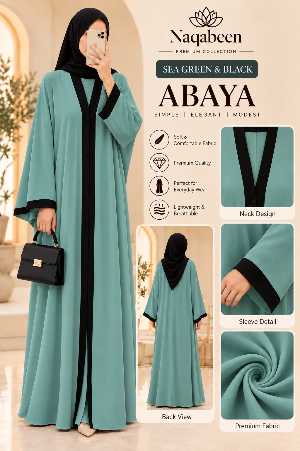 Plain Abaya - Sea Green & Black
