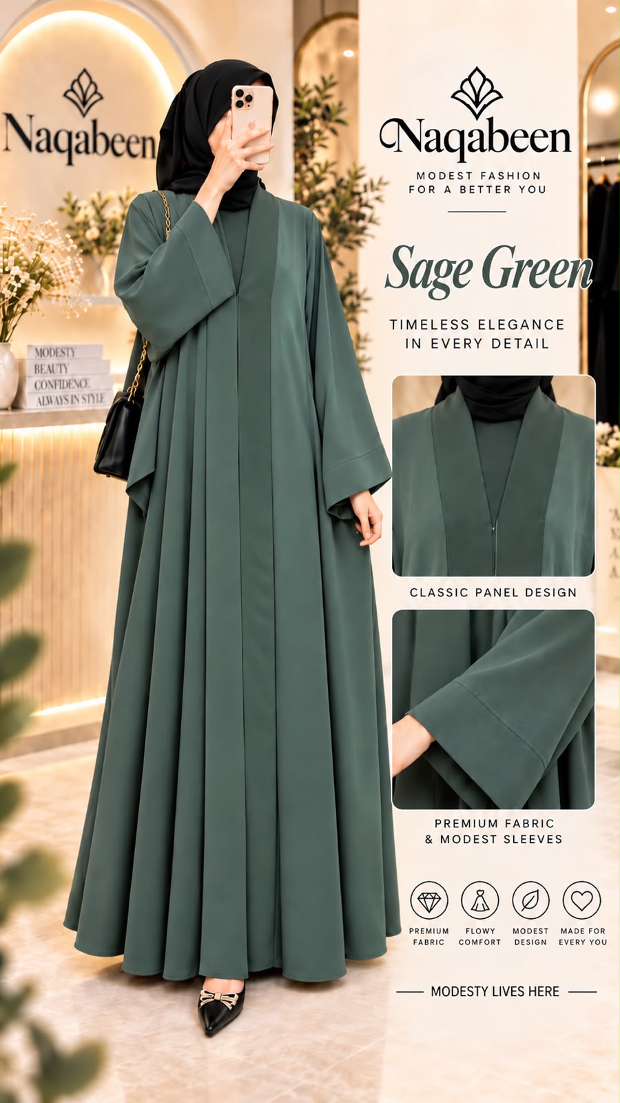 A woman wearing a sage green modest abaya with wide sleeves and a black hijab, standing in a boutique setting. The image includes promotional text for 'Naqabeen' and inset detail views of the garment.