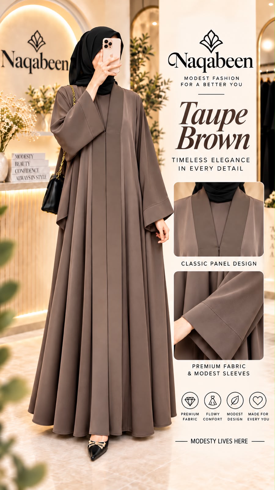 A woman wearing a taupe brown abaya dress and black hijab stands in a warmly lit indoor boutique setting, holding a phone. The image includes promotional text for 'Naqabeen' and a small inset showing a close-up of the garment's panel design and sleeve.