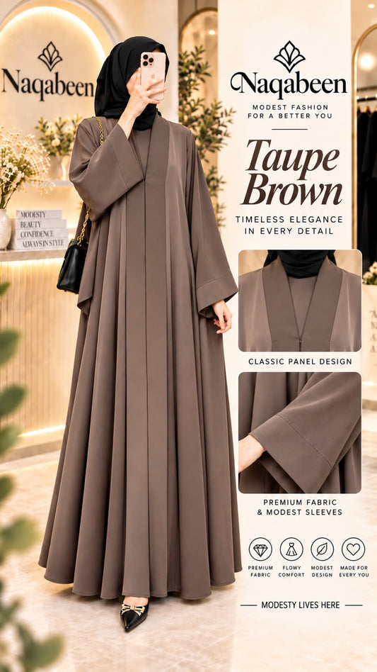 A woman wearing a taupe brown abaya dress and black hijab stands in a warmly lit indoor boutique setting, holding a phone. The image includes promotional text for 'Naqabeen' and a small inset showing a close-up of the garment's panel design and sleeve.