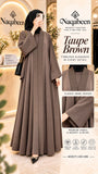 A woman wearing a taupe brown abaya dress and black hijab stands in a warmly lit indoor boutique setting, holding a phone. The image includes promotional text for 'Naqabeen' and a small inset showing a close-up of the garment's panel design and sleeve.